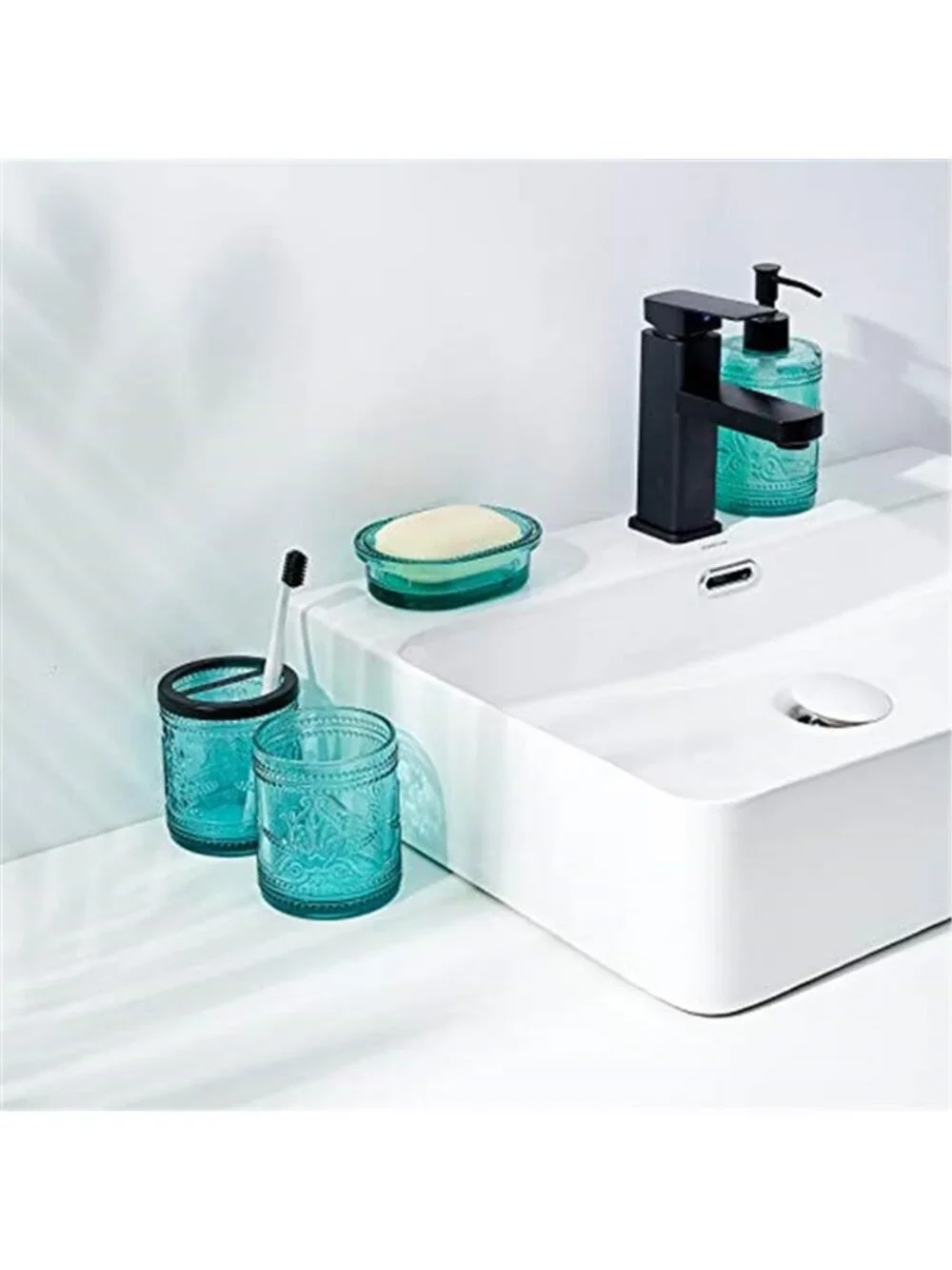 4PCs Teal Blue Glass Bathroom Accessories Set with Decorative Pressed Pattern